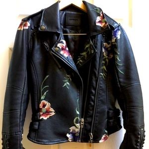 Vegan leather embroidered studded moto jacket